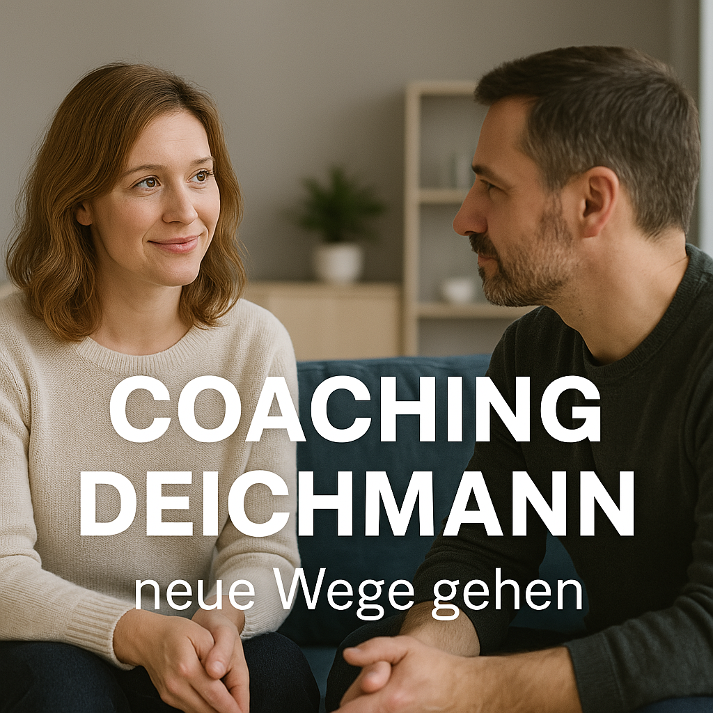 Zwei Personen im Gespräch, der Text „COACHING DEICHMANN – neue Wege gehen“ ist sichtbar.