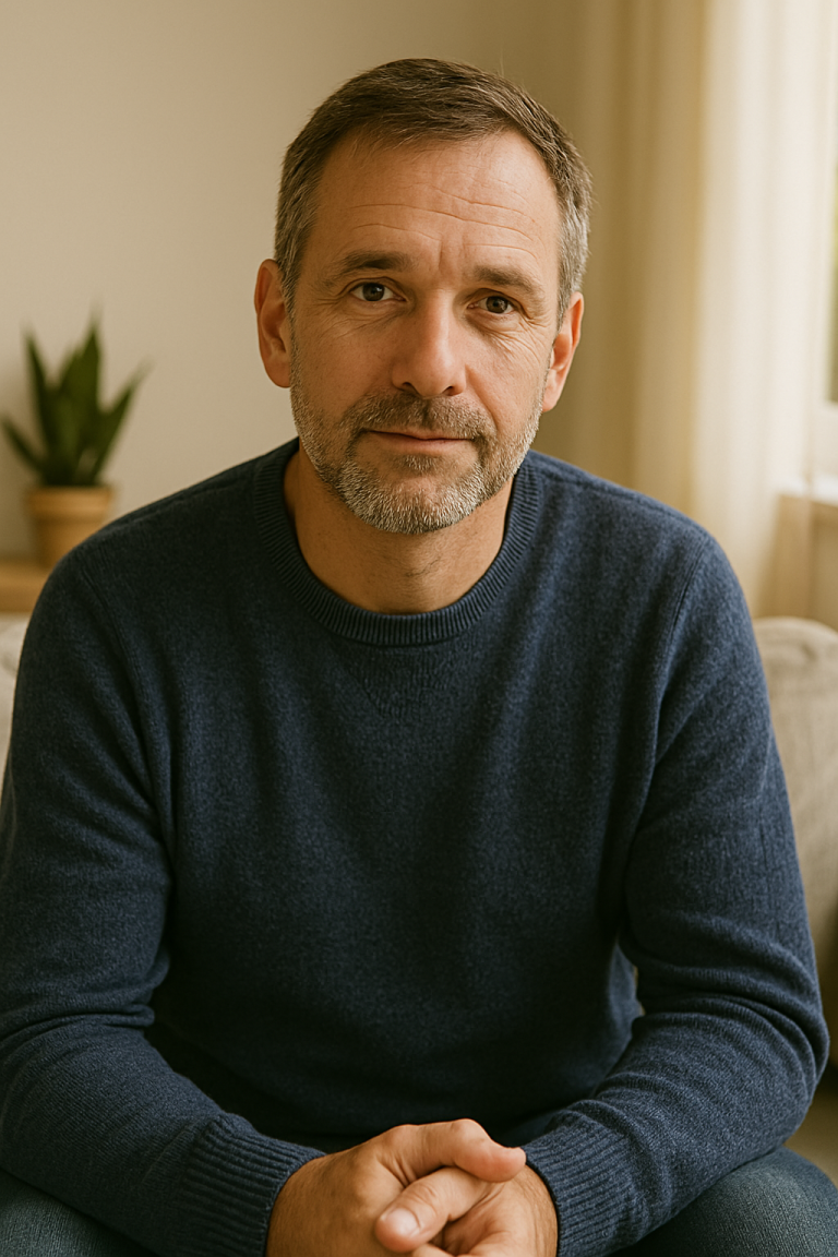 Mann in blauer Pullover sitzt auf einer Couch, schaut zur Kamera. Pflanze im Hintergrund.