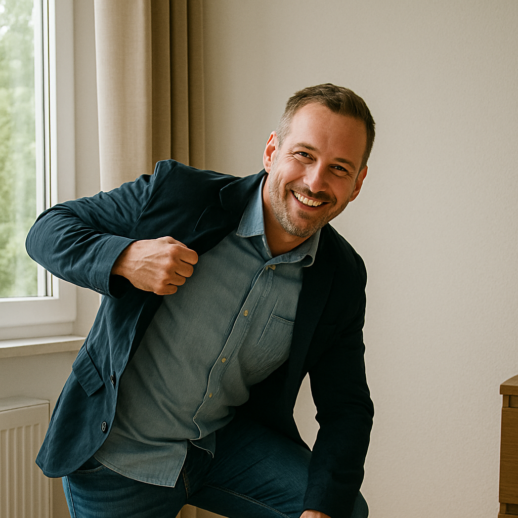 Lächelnder Mann über 40, der Coaching für persönliche Entwicklung anbietet.
