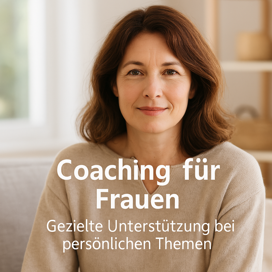 Frau mit braunen Haaren, lächelnd, im gemütlichen Raum, Text über Coaching für Frauen.
