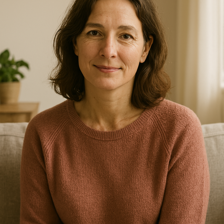 Frau mit braunen Haaren in einem rosa Pullover, lächelnd auf einem Sofa sitzend.
